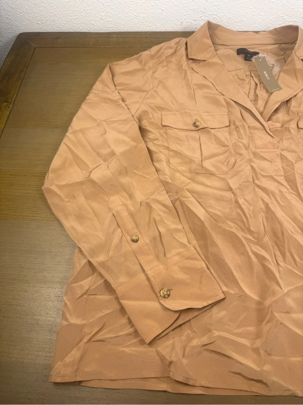 NWT J Crew Size XL Tan Camel 100% Silk Patch Pocket Popover Top BB250